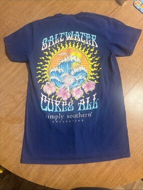 Simply Southern Navy Graphic Tee with Colorful Surf & Turtle Back Print